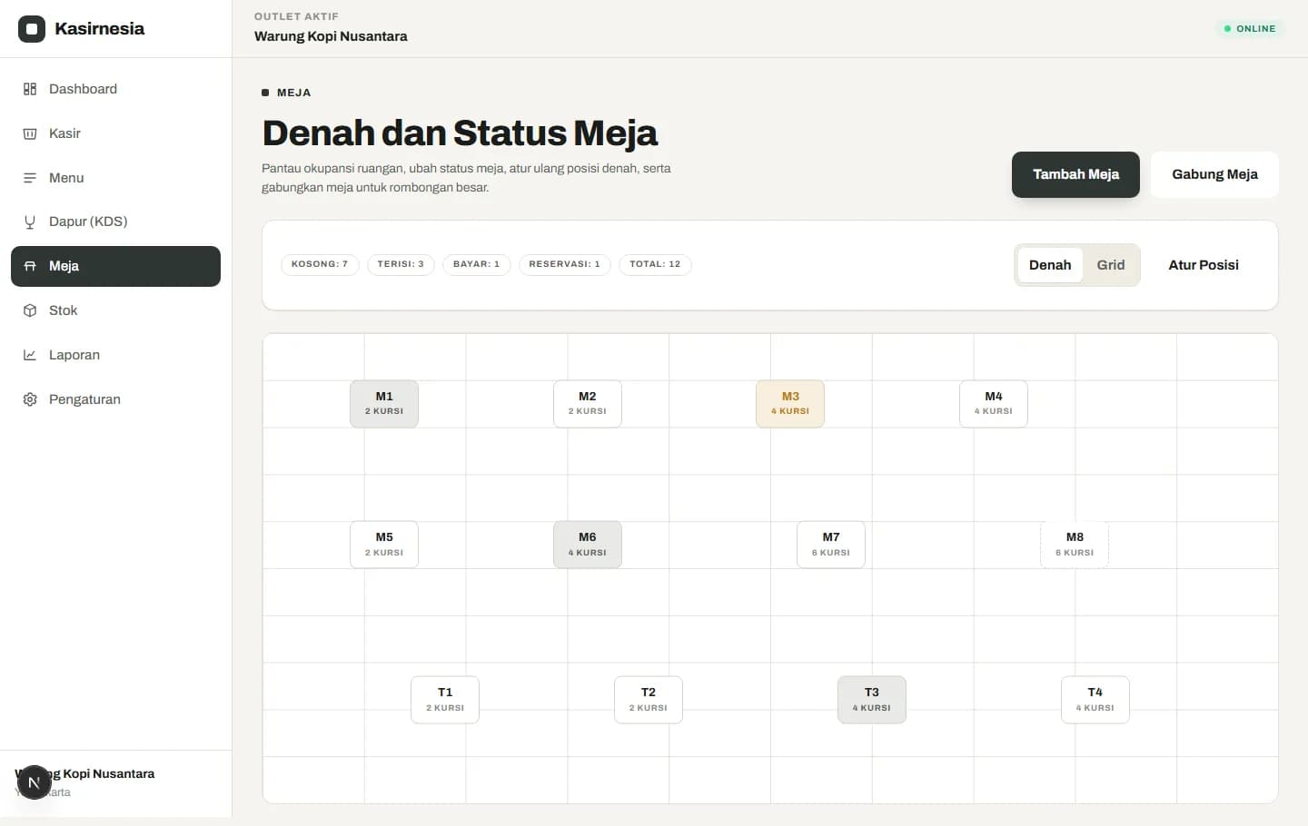 Layar manajemen meja Kasirnesia menampilkan denah meja indoor dan outdoor beserta statusnya