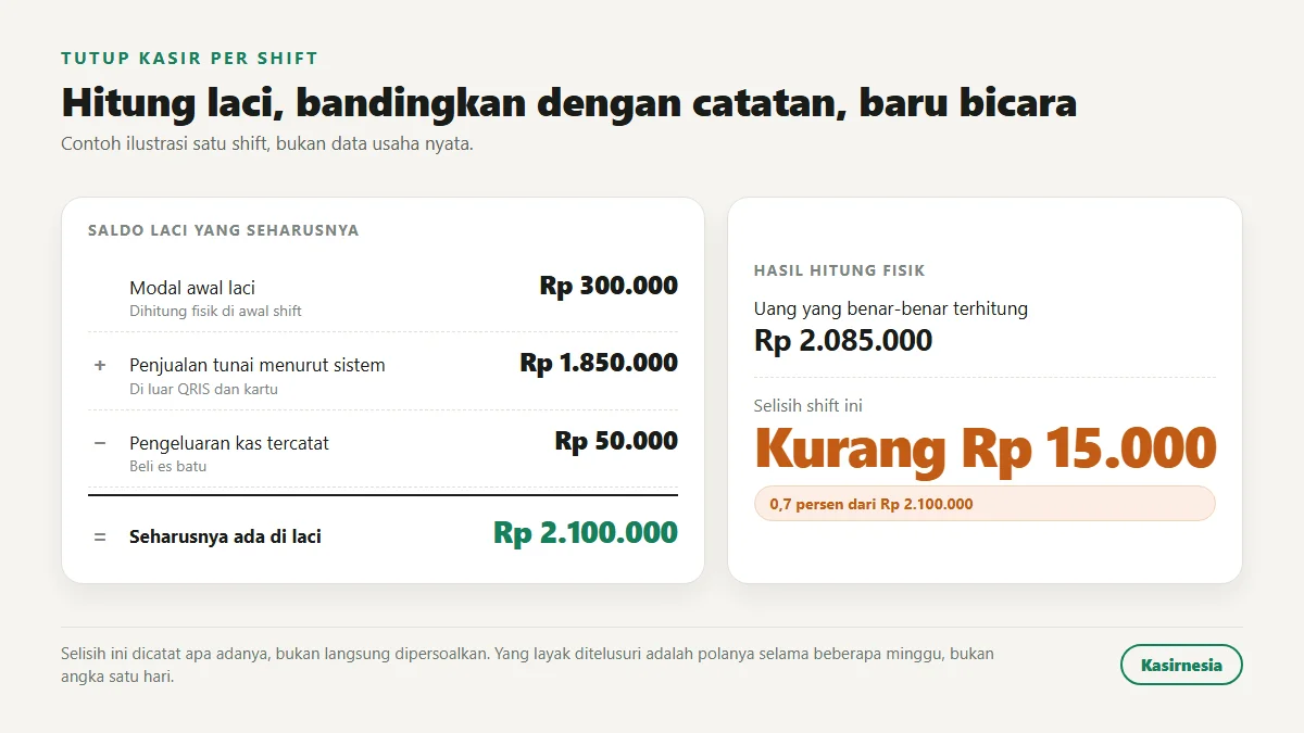 Hitungan tutup kasir satu shift: modal awal laci Rp 300.000 ditambah penjualan tunai Rp 1.850.000 dikurangi pengeluaran kas Rp 50.000 menghasilkan saldo seharusnya Rp 2.100.000, sementara hitungan fisik uang di laci Rp 2.085.000, sehingga selisihnya kurang Rp 15.000 atau 0,7 persen dari saldo yang seharusnya