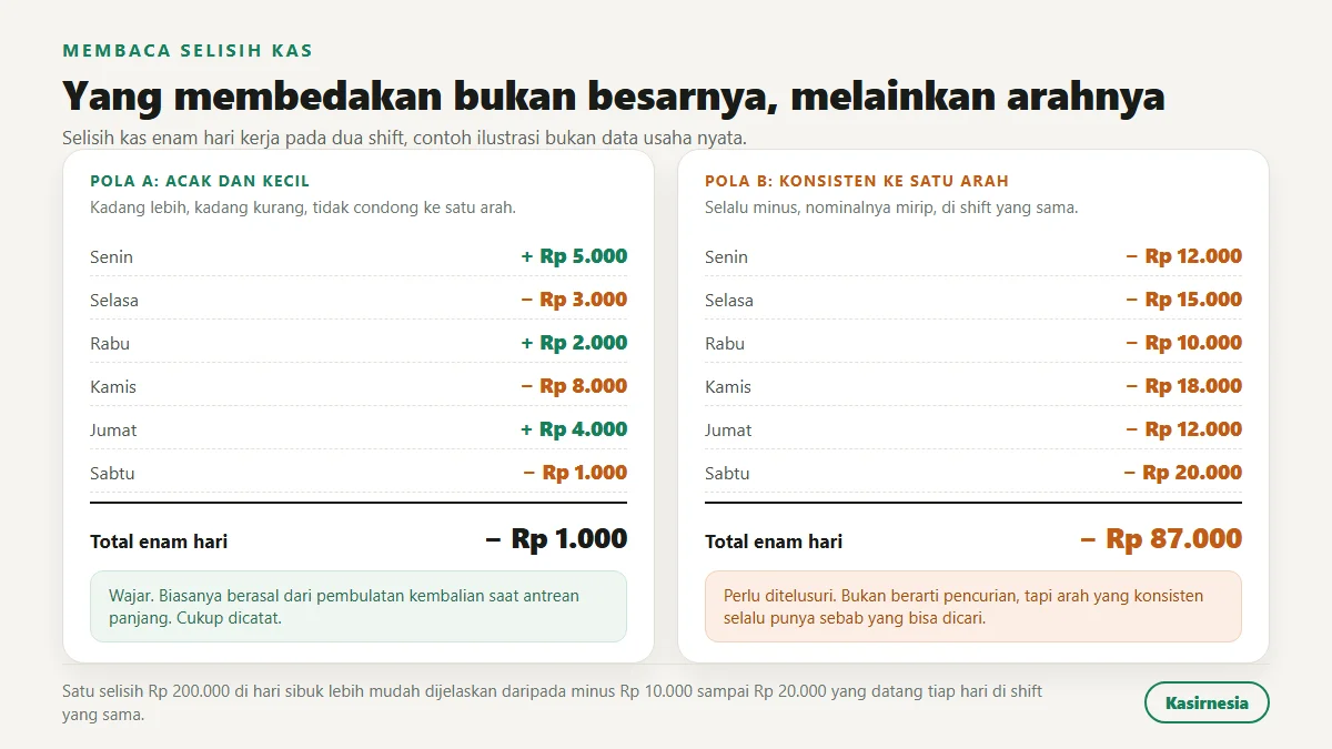 Perbandingan dua pola selisih kas selama enam hari kerja: pola acak wajar yang naik turun dari plus Rp 5.000 sampai minus Rp 8.000 dengan total mendekati nol, dan pola konsisten yang selalu minus Rp 10.000 sampai Rp 20.000 setiap hari sehingga menumpuk jadi minus Rp 87.000 dalam enam hari
